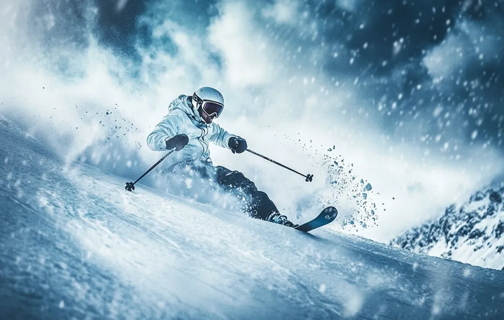 A skier in a white suit and helmet carves down a snowy slope, leaving a trail of powder in their wake. The skier is focused on the run, with a mountain range in the background. The image captures the thrill and excitement of skiing in challenging conditions. The blue sky and swirling snow create a dramatic and dynamic atmosphere.