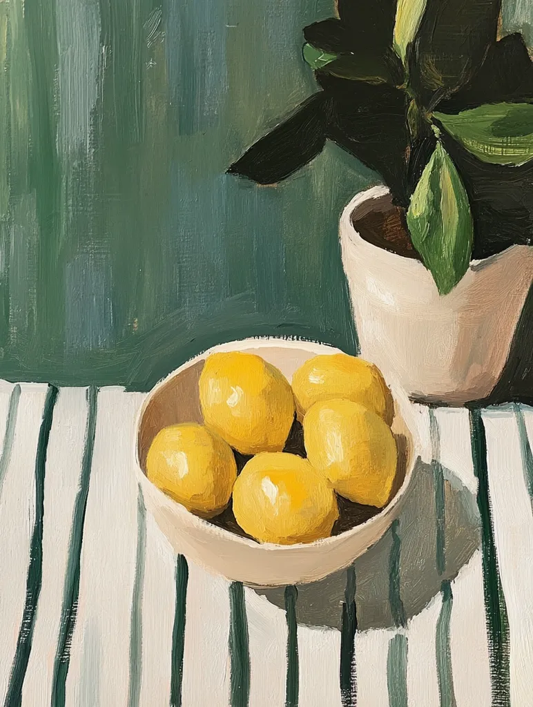 A still life painting of a bowl of lemons on a striped tablecloth. There are five lemons in the bowl, and they are arranged in a loose, natural way. The lemons are a vibrant yellow, and the bowl is a pale pink. In the background, a potted plant with dark green leaves and a white pot sits on a dark green surface. The light is soft and warm, and the painting has a relaxed and inviting feel.