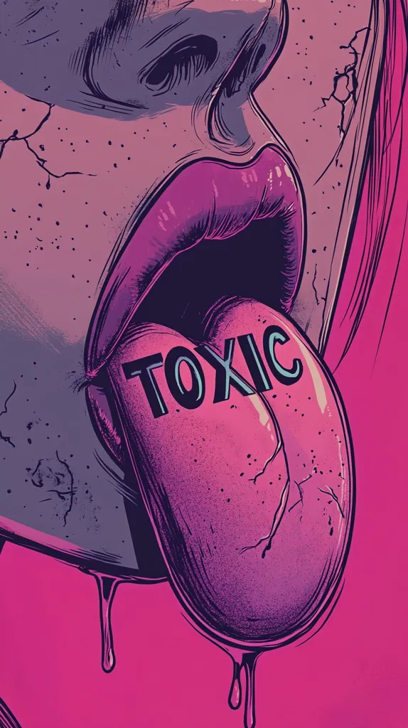 The image is a close-up of a woman's face, with a bright pink background. The woman's mouth is open, revealing her tongue which has the word "TOXIC" written across it in a light blue color. Her lips are a dark pink and her skin is a pale pink with cracks that are filled with a dark purple color. The image has a dark and edgy aesthetic.