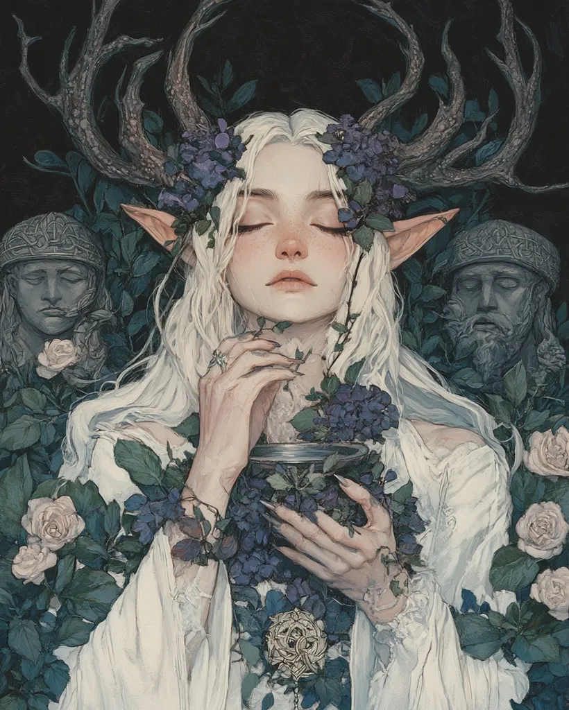 The image depicts a fair-skinned woman with long white hair and large, pointed ears. She wears a white gown adorned with delicate lace and has a crown of purple flowers and a pair of antlers on her head. Her eyes are closed, and she is holding a silver goblet in her hands. The background is a lush forest setting with many flowers and green vines. The overall impression is one of beauty, mystery, and the supernatural.