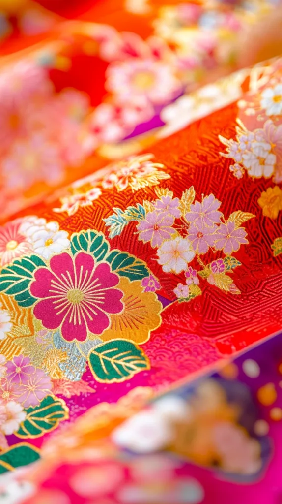 A close-up of a vibrant red fabric with intricate floral patterns in white, pink, and gold. The fabric appears to be a traditional Japanese kimono, featuring delicate flowers and leaves with a subtle texture. The image captures the beauty and artistry of the textile.