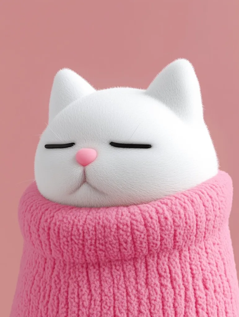 The image depicts a cartoon white cat wearing a pink knitted turtleneck sweater. The cat's eyes are closed, and it appears to be sleeping. The fluffy white fur of the cat and the soft pink of the sweater create a warm and cozy feeling.  The image has a simple background of pink, which allows the cat to stand out as the main subject. The overall impression is one of sweetness and innocence.