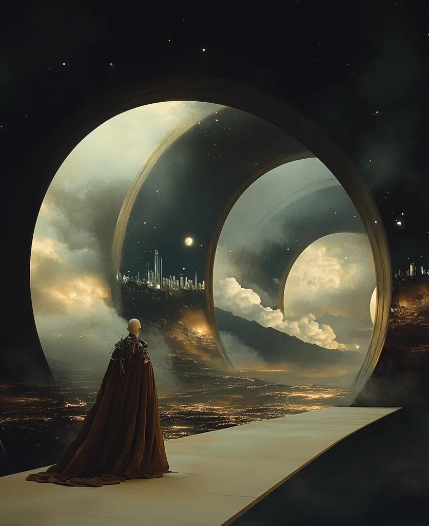 A lone figure in a long, dark cloak stands on a white path leading to a large, archway-shaped window. The window looks out onto a sprawling, futuristic cityscape lit up with shimmering lights. The city is nestled in a valley surrounded by rolling hills, all beneath a vast, starry sky. The image evokes a sense of wonder and mystery, hinting at a journey to an unknown world.
