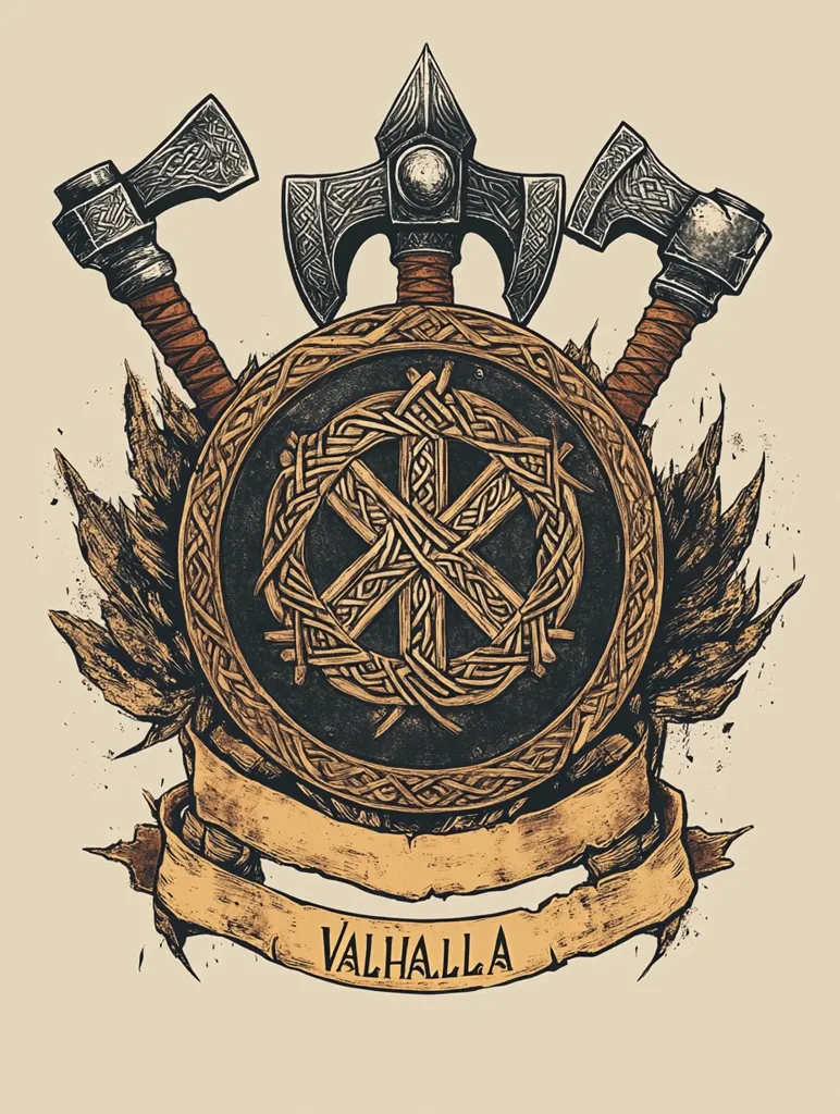 The image depicts a Viking shield with a circular pattern in the center. The shield is surrounded by three axes, with a banner below that reads "VALHALLA".  The image is done in a dark, sketchy style with a grunge-like effect. It is likely to be a design for a t-shirt or other piece of merchandise.  The image evokes a sense of Viking warrior culture and strength.