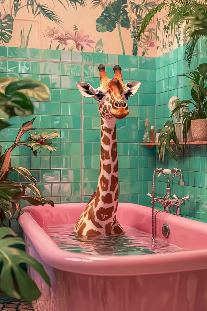 A giraffe is taking a bath in a pink bathtub. The giraffe is standing in the tub with only its head and neck sticking out of the water. The bathtub is in a bathroom with green tiles and tropical plants. The giraffe looks curious and relaxed, enjoying its bath.