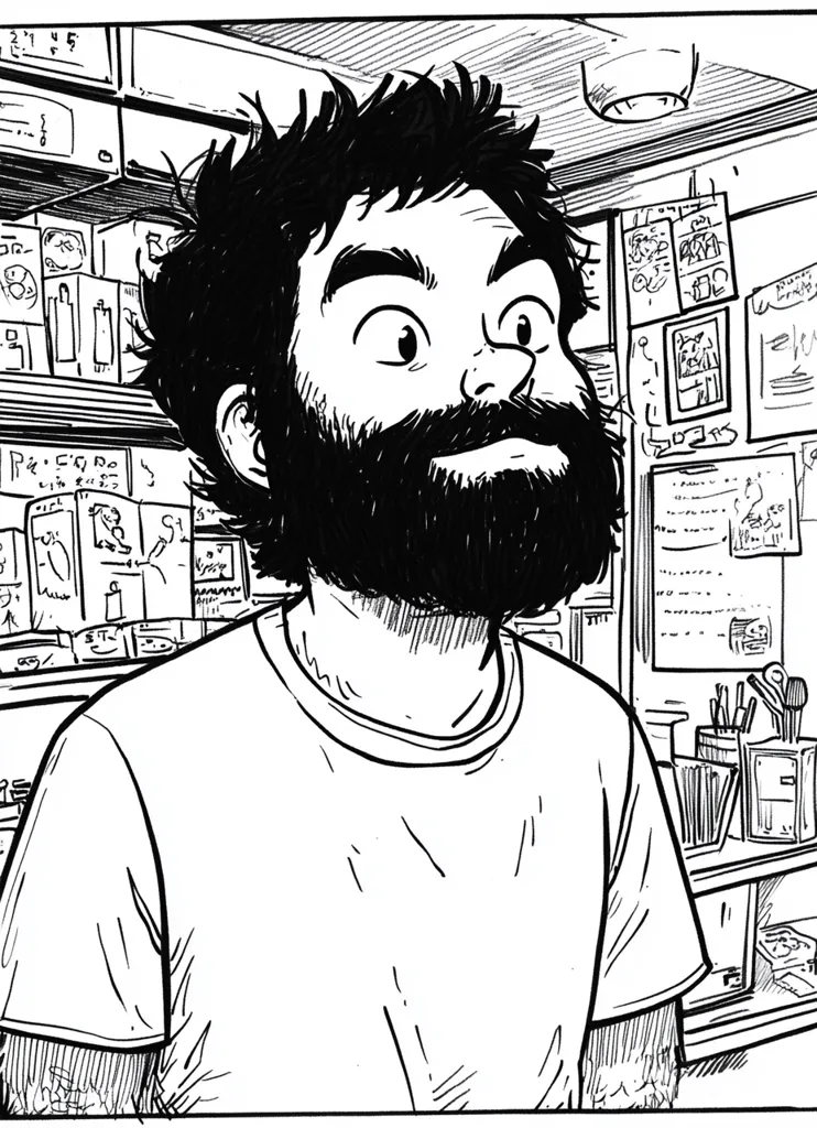 The image is a black and white drawing of a man with a beard. He has a surprised expression on his face and is looking to the right. The man is wearing a simple t-shirt and is standing in front of a shelf with various items on it. The drawing is done in a comic book style.  The background shows various shelves with assorted items on them. There is a light fixture on the ceiling.  The overall tone of the image is lighthearted and friendly.