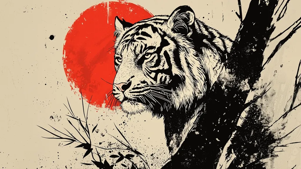 The image features a black and white tiger with a large red sun behind it. The tiger is partially obscured by a tree trunk, and the background is a light beige with black splatter paint. The tiger's eyes are focused and intense, giving it a powerful and predatory look. The image has a bold and graphic style, reminiscent of Japanese art.