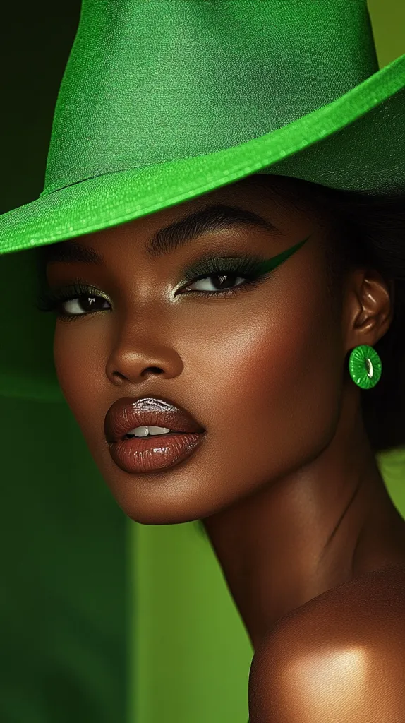 A woman with dark skin is wearing a large, green hat that casts a shadow over her face. She has a bold, dramatic eye makeup look with green eyeshadow and a sharp black eyeliner. Her lips are painted a deep brown and she is wearing a green earring on one ear. The background is a blurred green color. The image focuses on her face and the dramatic makeup look.