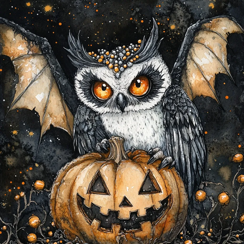 A white owl with black wings sits in front of a carved pumpkin, its eyes glowing a bright orange. The owl's head is adorned with a crown of small golden beads. The background is a dark, starry night sky with scattered orange dots, suggesting a magical or mystical atmosphere. The artwork is painted in a watercolor style, with soft edges and subtle shading.