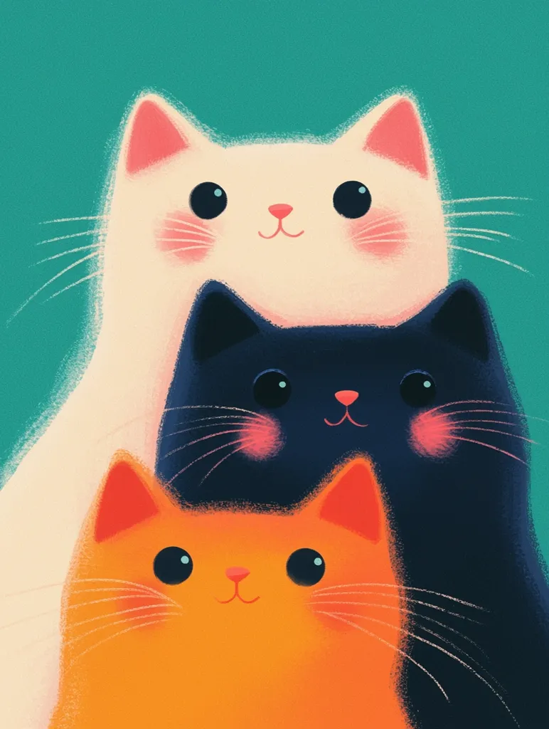 The image shows three cartoon cats stacked on top of each other. The top cat is white with pink cheeks and large, black eyes. The middle cat is black with pink cheeks and large, black eyes. The bottom cat is orange with pink cheeks and large, black eyes. All three cats have small, pink noses and are looking directly at the viewer with sweet expressions. The background is a simple, solid teal color.  The image is designed in a cute, whimsical style.