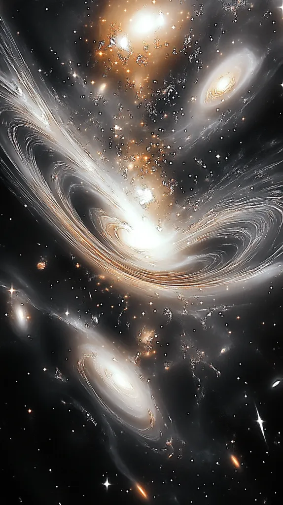 A swirling galaxy dominates the center of the image, its spiral arms winding towards a bright core. Smaller galaxies and stars scatter throughout the black background, creating a stunning scene of cosmic beauty. The image captures the vastness and intricacy of the universe, highlighting the interconnectedness of celestial objects.