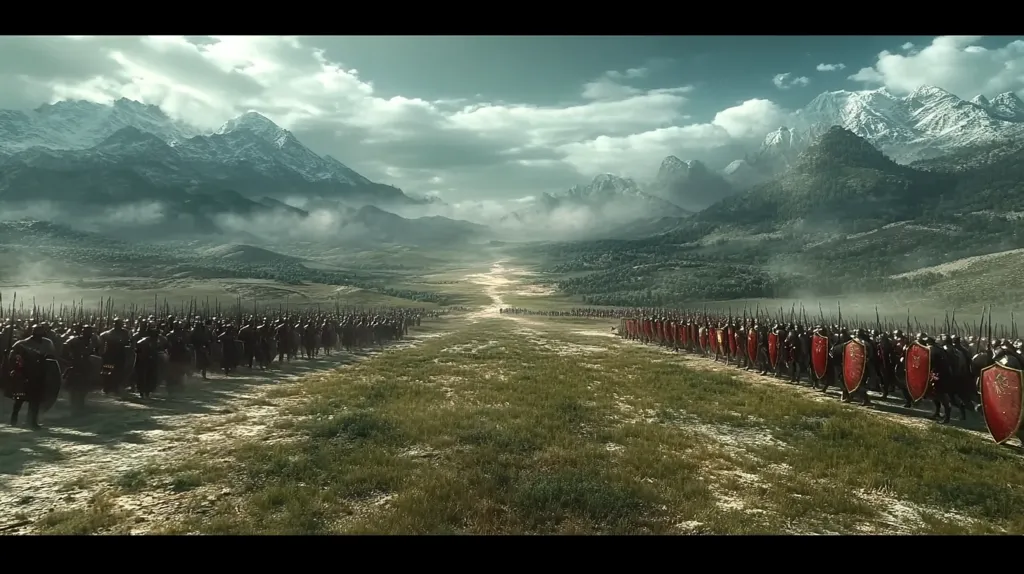 The image depicts a vast, open valley framed by majestic snow-capped mountains. Two armies, one in black armor and the other in red and black, march towards each other along a narrow dirt path. The setting sun casts a golden glow on the distant peaks, creating a dramatic and awe-inspiring scene. The image evokes a sense of impending conflict and the grandeur of ancient warfare.