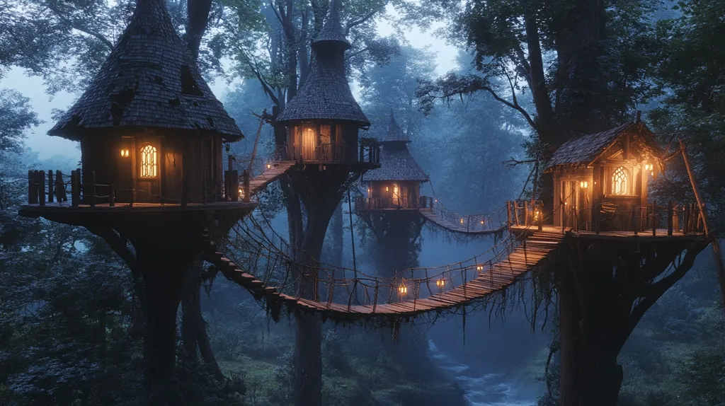 Three charming treehouses, crafted from wood and adorned with pointed roofs and windows, are connected by a rope bridge that winds through the misty forest. The glow of lanterns within each house casts a warm light against the backdrop of the dark, shadowy trees. A sense of magic and wonder emanates from this enchanting scene.