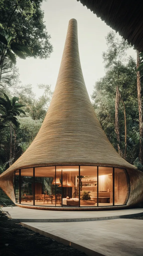 A modern, circular house with a distinctive, tall, conical roof made of woven material sits in a lush, tropical forest. The house is surrounded by trees and foliage, and the light from within shines through the large, glass windows. The structure is unique and creates a contrast between the natural surroundings and modern architecture.
