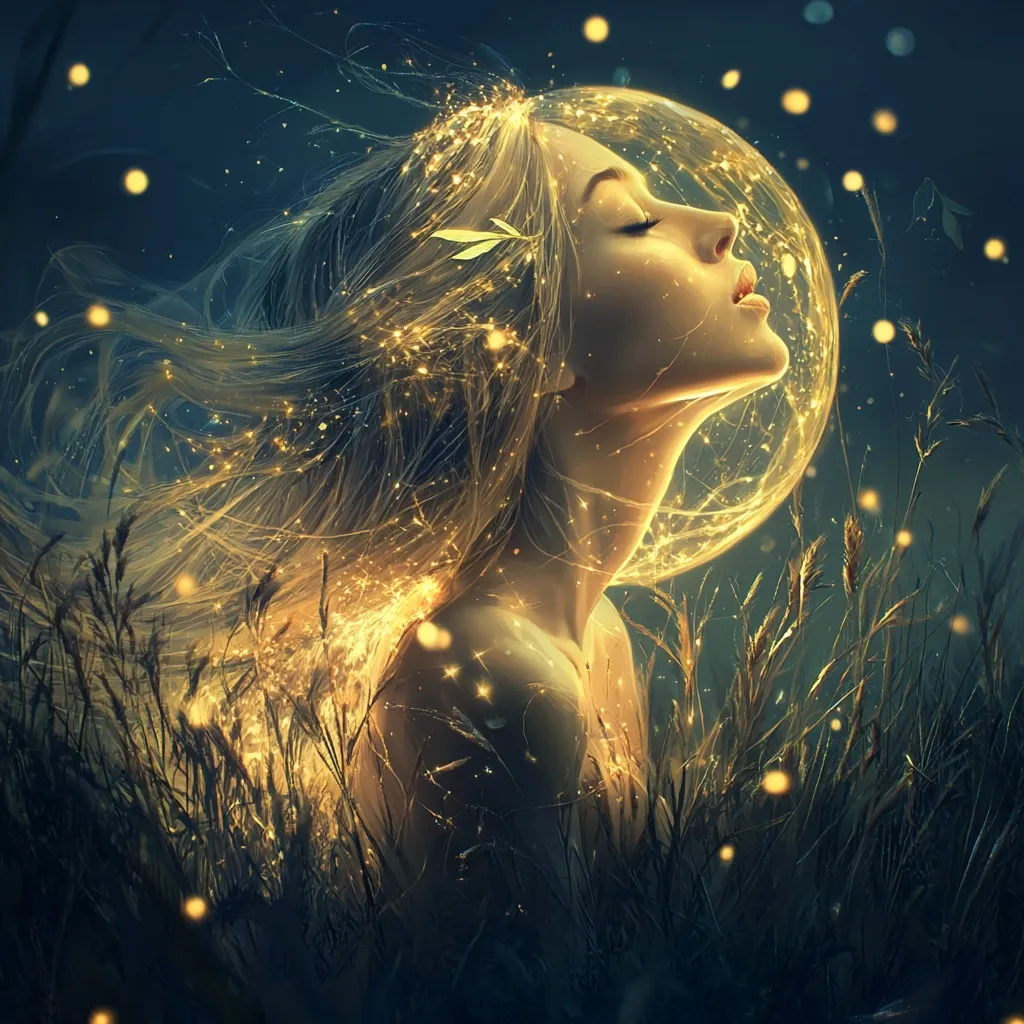 A woman with long blonde hair, adorned with golden sparkles, stands in a field of tall grass.  Her eyes are closed, and she is surrounded by a glowing, ethereal sphere.  The scene is filled with a sense of tranquility and magic, as if the woman is caught in a moment of pure bliss.  The warm light of the sphere casts a soft glow on the surrounding landscape, creating a dreamy and otherworldly atmosphere.