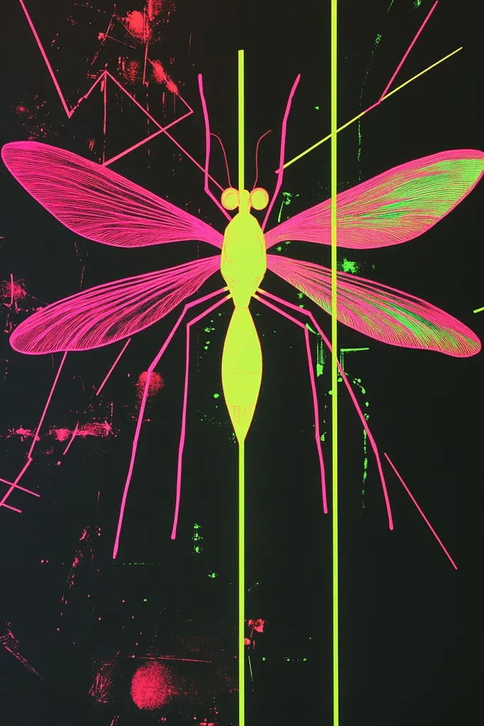 A neon pink and green insect with long, thin legs and large wings is depicted against a black background. The insect appears to be a mosquito or a crane fly. Its body is outlined in green, with pink wings and legs. The background has a textured look, with streaks of pink and green paint.  The image is abstract and stylized, giving the insect a haunting and otherworldly appearance.