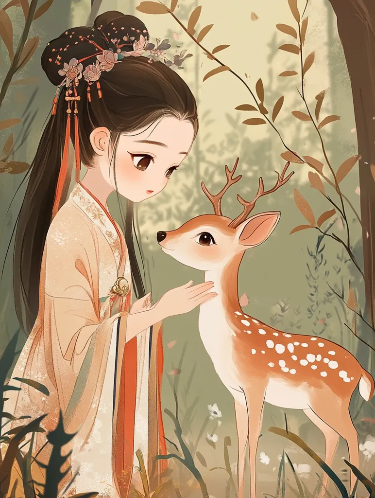 The image depicts a young girl, dressed in a traditional Chinese outfit, standing in a forest. She is looking down at a fawn with large, expressive eyes. The girl's hair is adorned with intricate floral ornaments, and her sleeves flow gracefully. The fawn is standing close to her, its spotted coat contrasting against the green foliage. The gentle touch of the girl's hand on the fawn's back suggests a bond of affection between them.  The overall scene exudes a sense of tranquility and the beauty of nature.