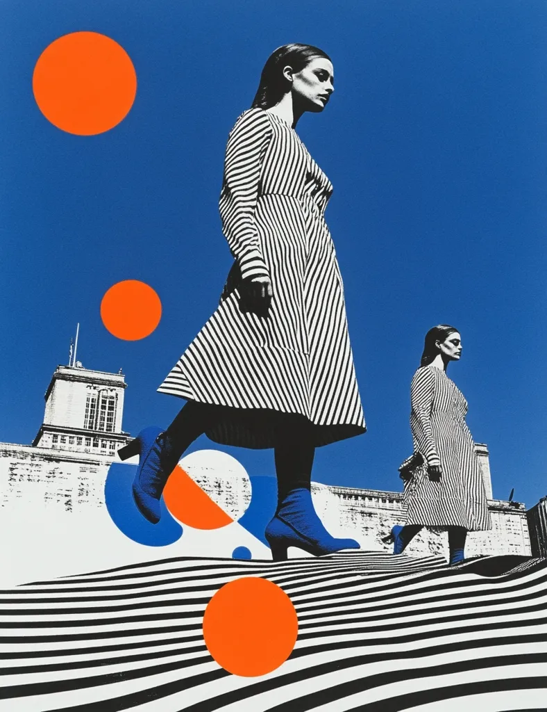 The image features two women wearing striped dresses and blue shoes. They are walking on a black and white striped surface with orange circles scattered around. The background is a bright blue sky with three orange circles.  The scene has a surreal and whimsical feel, like a dream or a fashion magazine illustration. The bold colors and geometric shapes create a visually striking and playful composition.