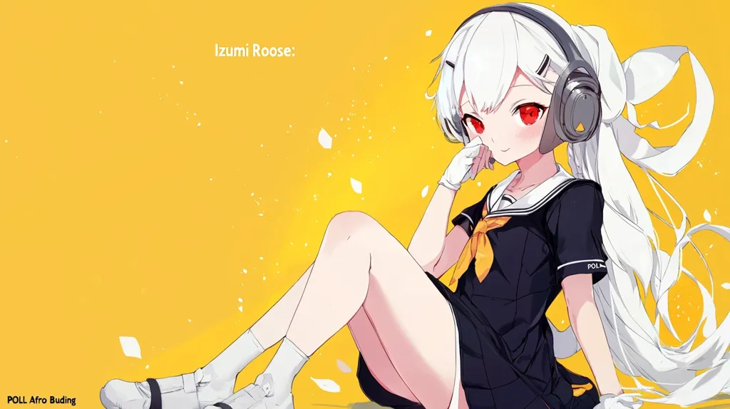 The image is of an anime girl with long white hair wearing a black sailor uniform. She has red eyes and a bright smile. She is wearing headphones and is sitting on a yellow background with white petals around her. The text "Izumi Roose" is written above her head. The image has a vibrant and cheerful aesthetic.