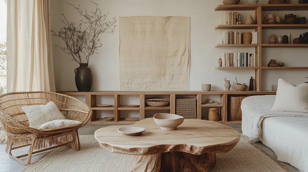 A minimalist living room with a neutral color palette, featuring a large, organic-shaped wooden coffee table, a wicker chair with a white cushion, and a white couch. The room is decorated with a large beige canvas, a vase of dried branches, and wooden shelves filled with books and decorative items.  The overall ambiance is serene and calming.