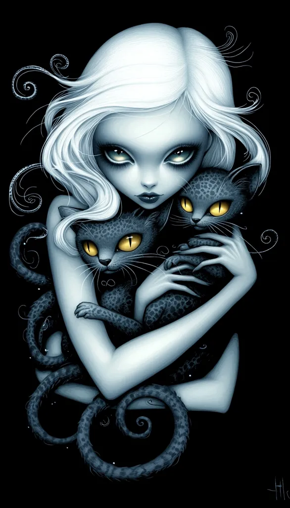 The image depicts a pale-skinned woman with long white hair, holding two black cats close to her body. The cats have bright yellow eyes and are curled around her arms. The woman's expression is serious, and her lips are slightly parted. The background is black, and there are swirling lines emanating from the woman's hair. The image has a dark and mysterious feel.