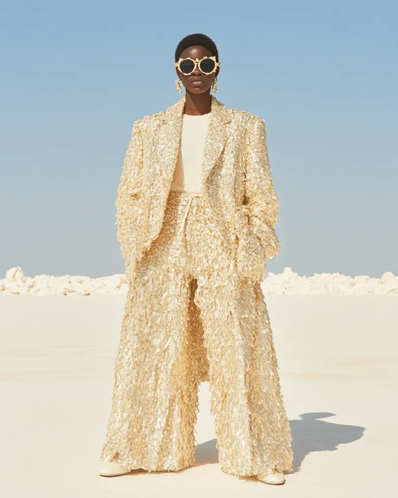 A woman with short black hair wears a sparkly, gold, fringed suit with a white, high-necked sweater underneath. She is wearing large, round, gold-rimmed sunglasses and dangling gold earrings. The woman stands on a white, sandy surface, likely a beach. The sky is a pale blue. The woman exudes a sophisticated and stylish vibe.