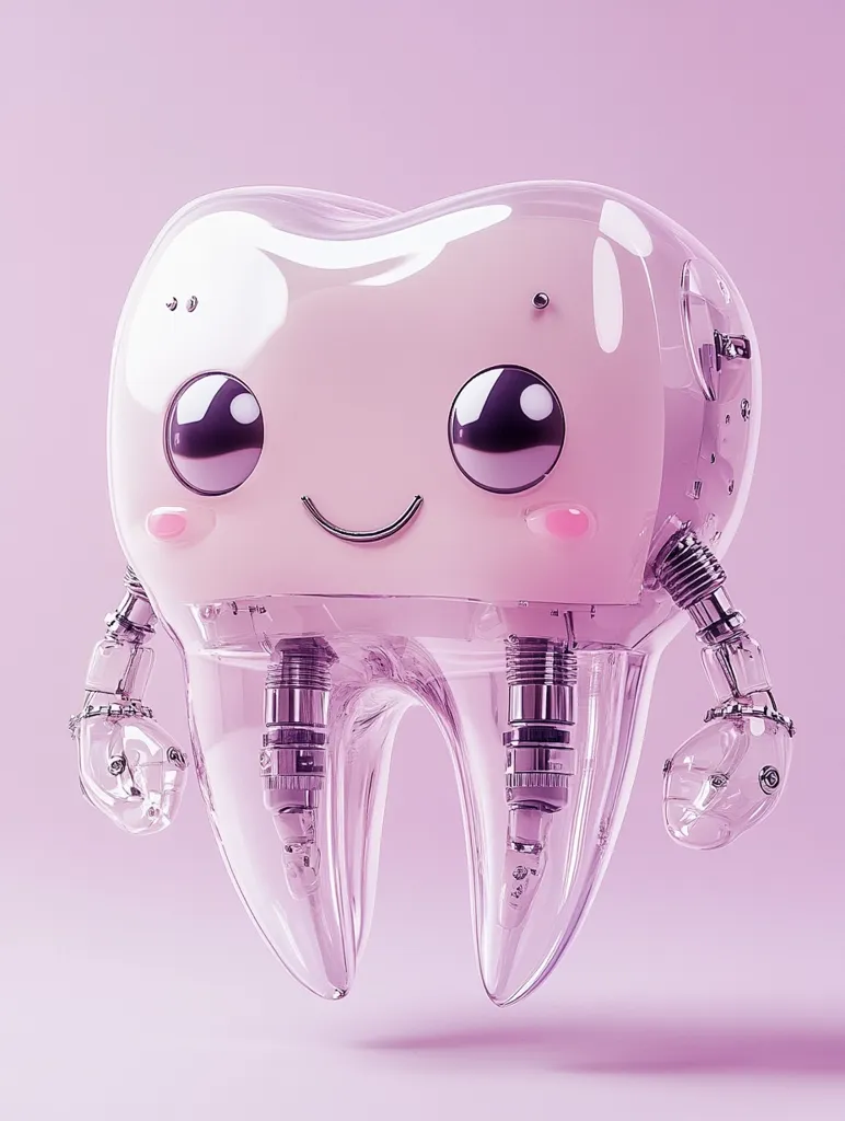 A cartoon tooth with a cheerful expression is rendered in a clear, translucent pink. The tooth has large, dark eyes and a small, delicate smile. It has two small, shiny, silver gears in its middle, and clear, robotic arms extend from each side of its body. The tooth is positioned on a light pink background. The image is simple yet visually striking, creating a playful and somewhat whimsical tone.