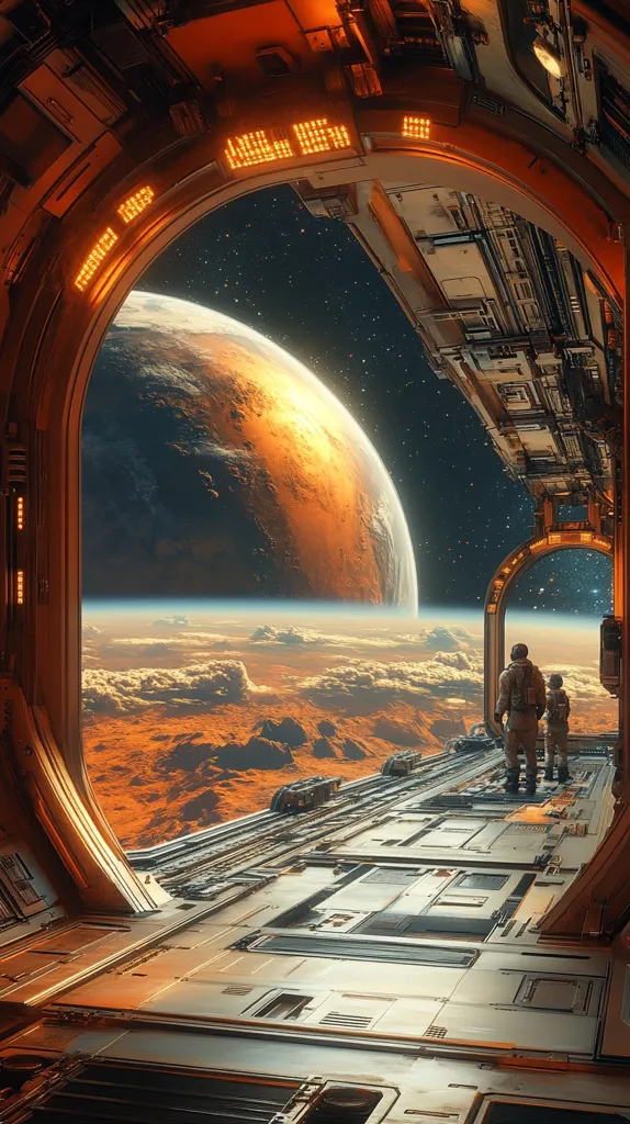 The image shows a view from inside a futuristic spaceship, looking out a large window. Outside, a vast, red-hued planet fills the frame. The planet is shrouded in clouds, and a starry sky is visible beyond. Two astronauts stand on the spaceship's deck, gazing out at the planetary landscape. The image is filled with a sense of wonder and exploration, evoking themes of space travel and the potential for discovery.