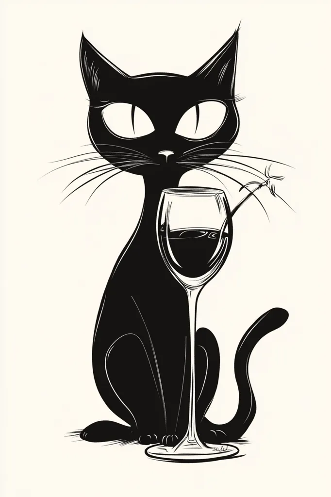 The image is a black and white illustration of a cat sitting next to a glass of wine. The cat is looking at the glass with large, round eyes and a slightly mischievous expression. The wine glass has a long stem and a wide bowl, filled with red wine. The image is simple but striking, with a sense of humor and a touch of whimsy.