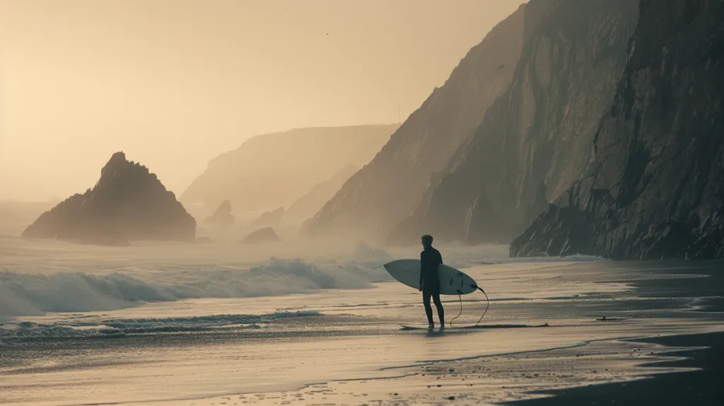 A lone surfer stands on a sandy beach, holding a surfboard. He is silhouetted against the setting sun, which casts a golden glow over the scene. The ocean stretches out before him, with gentle waves lapping at the shore. In the distance, craggy cliffs rise up from the water, their jagged edges softened by the misty air. The image evokes a sense of tranquility and solitude, as the surfer enjoys a moment of peace before heading into the waves.