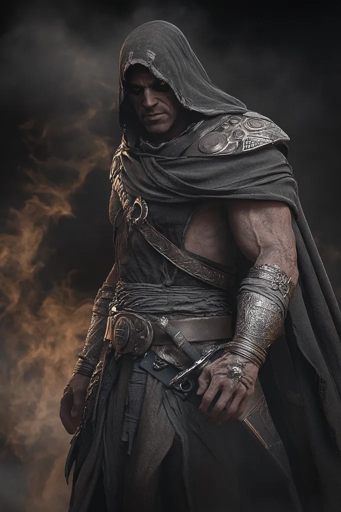 A muscular man stands against a smoky backdrop, his face obscured by a dark hood. He wears intricately designed armor with leather straps and metal accents, including a large circular piece on his right shoulder. He grips a dagger in his right hand, his expression unreadable. The scene exudes a sense of mystery and danger, hinting at a hidden world of intrigue and conflict.