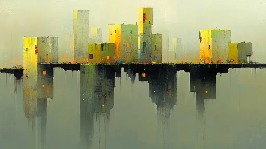 The painting depicts a surreal cityscape with buildings floating above a foggy, ethereal landscape. The buildings are rendered in a cubist style with sharp edges and geometric shapes, painted in muted tones of yellow and green. A sense of mystery and isolation permeates the scene, creating a dreamlike and enigmatic atmosphere. The absence of clear boundaries between the buildings and the fog further emphasizes the otherworldly nature of the composition.