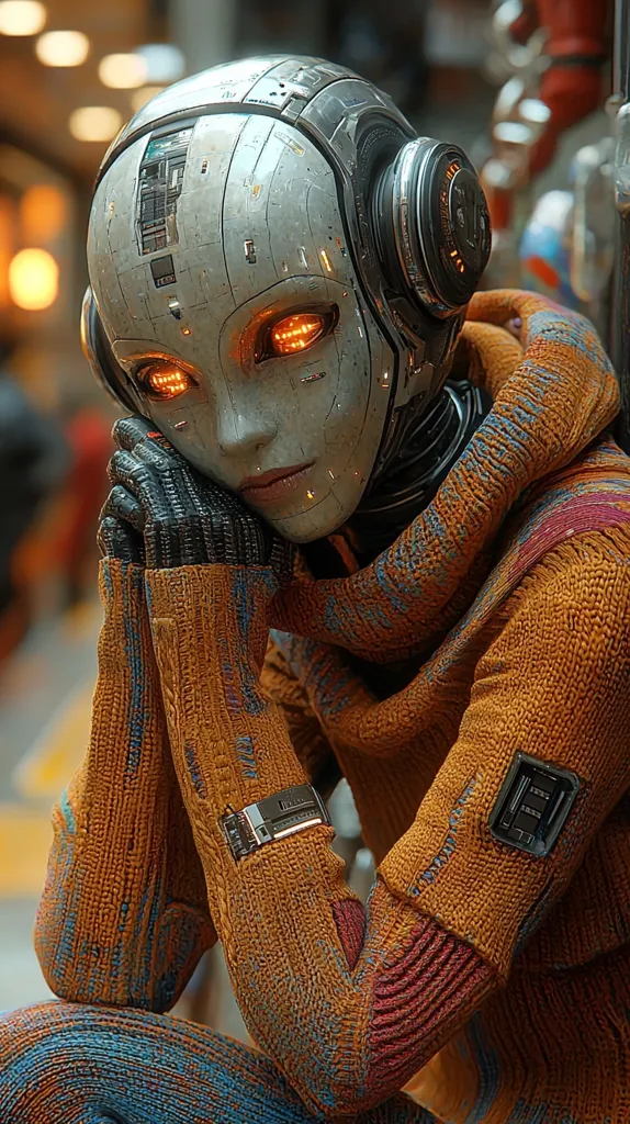 The image depicts a humanoid robot with a metallic head and glowing orange eyes. It is wearing a knitted orange sweater and blue pants. The robot is sitting with its hands clasped in its lap, looking introspective. The image is likely meant to portray the idea of a sentient AI. The warm colors of the sweater and the robot's thoughtful pose suggest a sense of humanity and emotion.