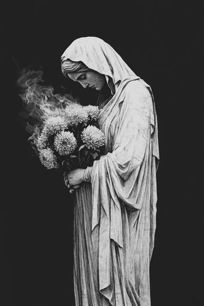 A black and white image depicts a stone statue of a woman in a long robe, her head bowed, holding a bouquet of flowers.  She is standing against a dark background. The flowers and her pose suggest sorrow or grief.  A wisp of smoke emerges from the flowers, adding to the mysterious and somber mood.  The image is likely a representation of death and mourning.