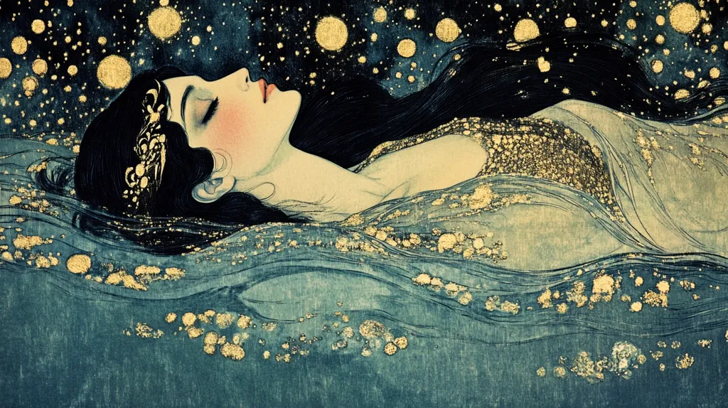 A woman with long black hair lies asleep on a swirling sea of teal and gold. Her eyes are closed and her mouth is slightly parted. Above her, the night sky is filled with twinkling stars. The scene is serene and peaceful, evoking a sense of tranquility and dreams. The image is rendered in a painterly style, with soft brushstrokes and delicate details.  The gold accents add a touch of opulence and wonder.