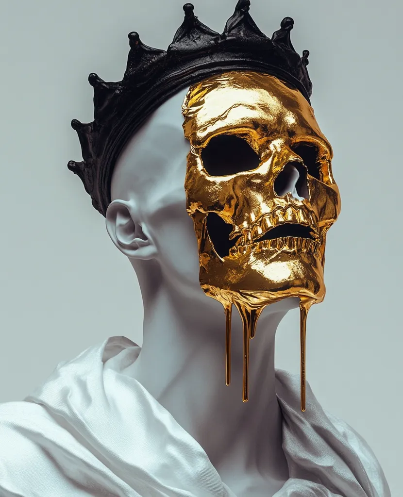 A white, sculpted bust of a person wearing a black crown. Half of the person's face is covered in a golden skull mask, which is dripping down their neck. The background is a plain, off-white color. The image evokes a sense of darkness and royalty, and the dripping gold adds a dramatic touch.