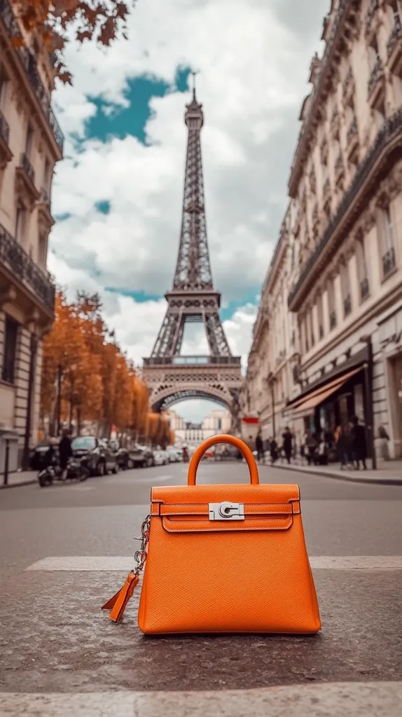 The image showcases an orange handbag with a silver clasp resting on a cobblestone street in Paris.  The iconic Eiffel Tower stands tall in the background, partially obscured by buildings and trees. The photo captures the essence of Parisian charm with its classic architecture, charming streets, and elegant accessories. The vibrant orange handbag adds a pop of color against the grey cityscape, creating a visually appealing contrast.