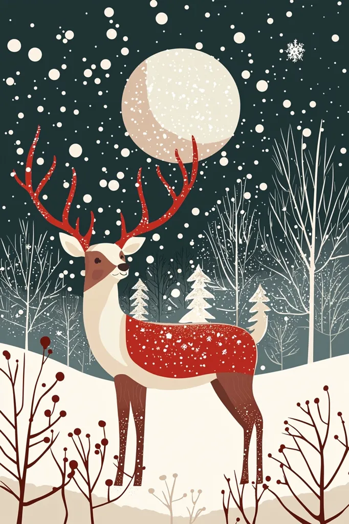 A stylized deer with red antlers and a red and white coat stands in a snowy forest under a crescent moon. The scene is rendered in a simple, flat style with a focus on geometric shapes. The dark blue background is dotted with white snowflakes, creating a sense of wintery tranquility.