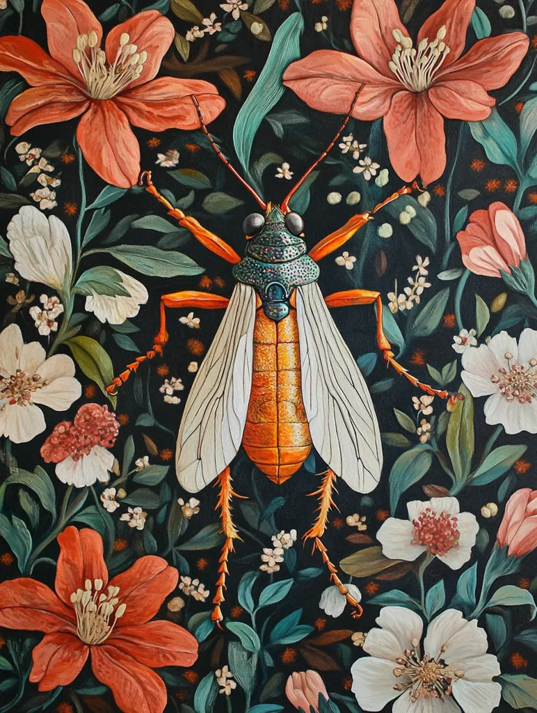 The image depicts a large, detailed insect with an orange body and white wings, set against a dark green background. It is surrounded by numerous white flowers with pink centers, and two large, vibrant red flowers with prominent yellow centers. The intricate details of the insect and flowers create a sense of delicate beauty and a vibrant, textured aesthetic. The dark background further emphasizes the vivid colors of the subject matter. The image could be a botanical illustration or a painting.