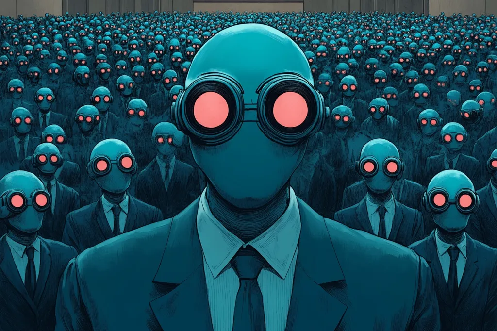 The image depicts a large crowd of faceless figures, all wearing identical blue suits, white shirts, and dark ties. Their heads are covered in blue masks with large, round, pink goggles. The figures are arranged in a grid-like pattern, creating a sense of uniformity and anonymity. The overall impression is one of conformity, surveillance, and the loss of individuality. The image evokes a dystopian or futuristic setting, where individuals are reduced to mere cogs in a larger machine.