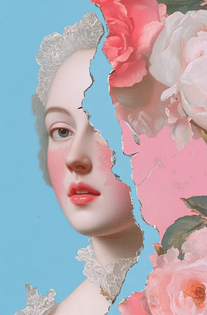 The image shows a woman's face, partially obscured by a torn piece of paper. The paper is adorned with delicate flowers in shades of pink and white. The woman's skin is pale with rosy cheeks, and her eyes are large and blue. Her mouth is slightly parted, revealing a hint of a smile. The background is a soft blue, creating a dreamy and ethereal atmosphere.  The juxtaposition of the woman's face and the floral paper suggests a sense of fragility and beauty.