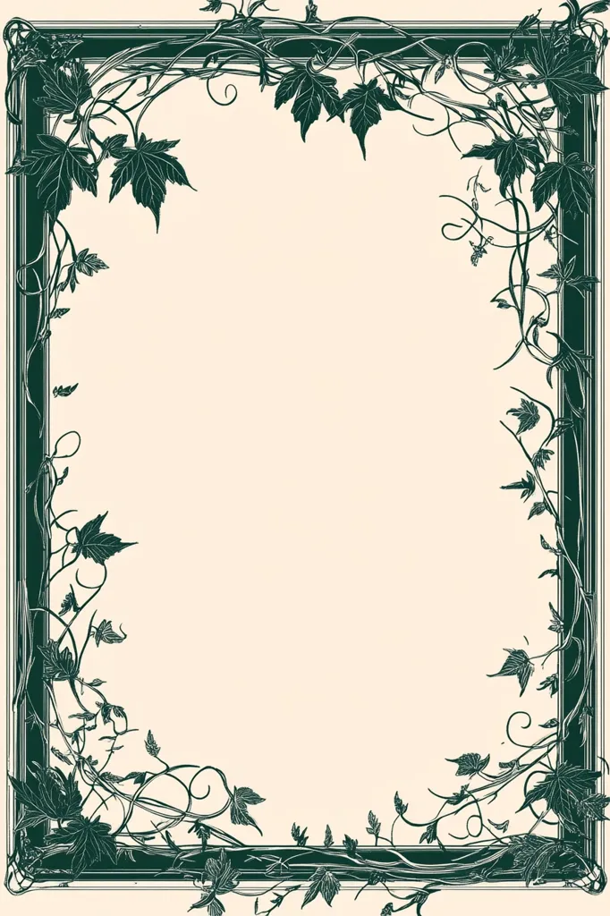 A simple rectangular frame with an ornate vine design. The frame is black with an off-white background.  The vine is a dark green color with leaves and vines wrapping around the edges of the frame.  The design gives the impression of an antique or vintage style.