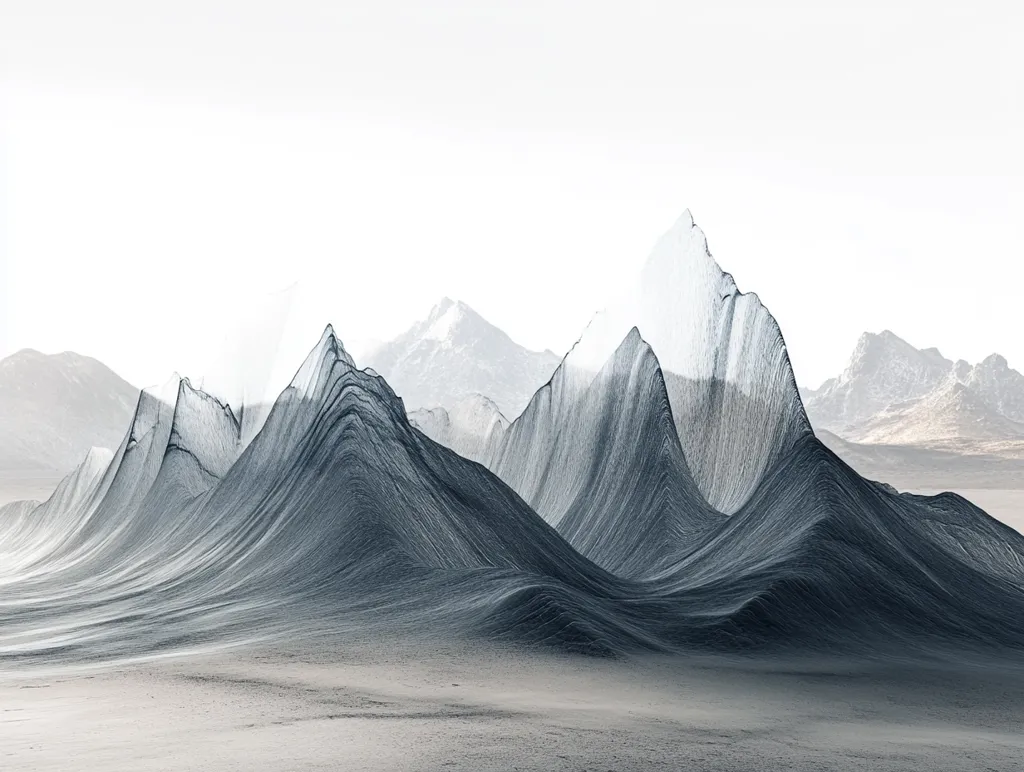 The image is a digital rendering of a mountainous landscape. It appears to be a desert scene, with a white sandy foreground and a mountain range in the background. The mountains are made up of many layers, each with its own unique shape and texture. The image has a minimalist style, with only shades of gray and white being used. The lack of color and detail creates a sense of vastness and isolation. The sharp lines and textures of the mountains suggest a harsh and unforgiving environment. The overall effect is one of stark beauty and solitude.