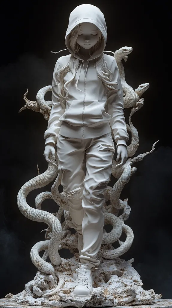 A white, detailed sculpture depicts a young woman in a hooded sweatshirt and sweatpants, standing amidst a tangled mass of snakes. She stands with her head down, appearing contemplative or saddened. The snakes wrap around her legs and torso, their forms intricately sculpted. The piece is rendered in a stark, monochromatic style, highlighting the intricate details and creating a sense of mystery and intrigue.