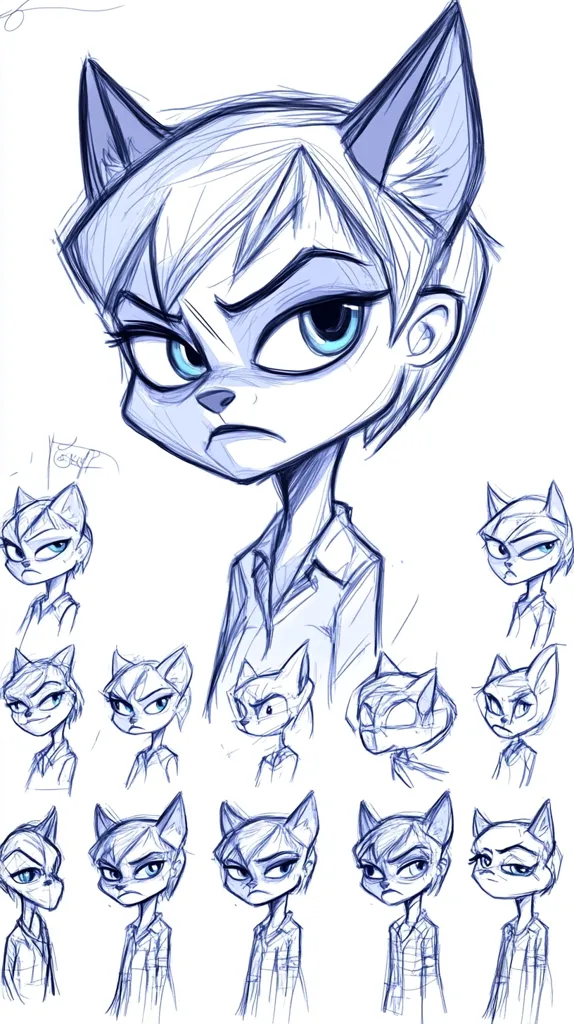 The image contains a series of sketches of a cat-like character with a stern expression. The sketches show different angles and facial expressions of the character, with a focus on the eyes and eyebrows. The lines are drawn in a loose, sketchy style, giving the impression of a work-in-progress.  The character is drawn in a cartoonish style, with exaggerated features. The sketches are in blue ink and there are 9 sketches in total.