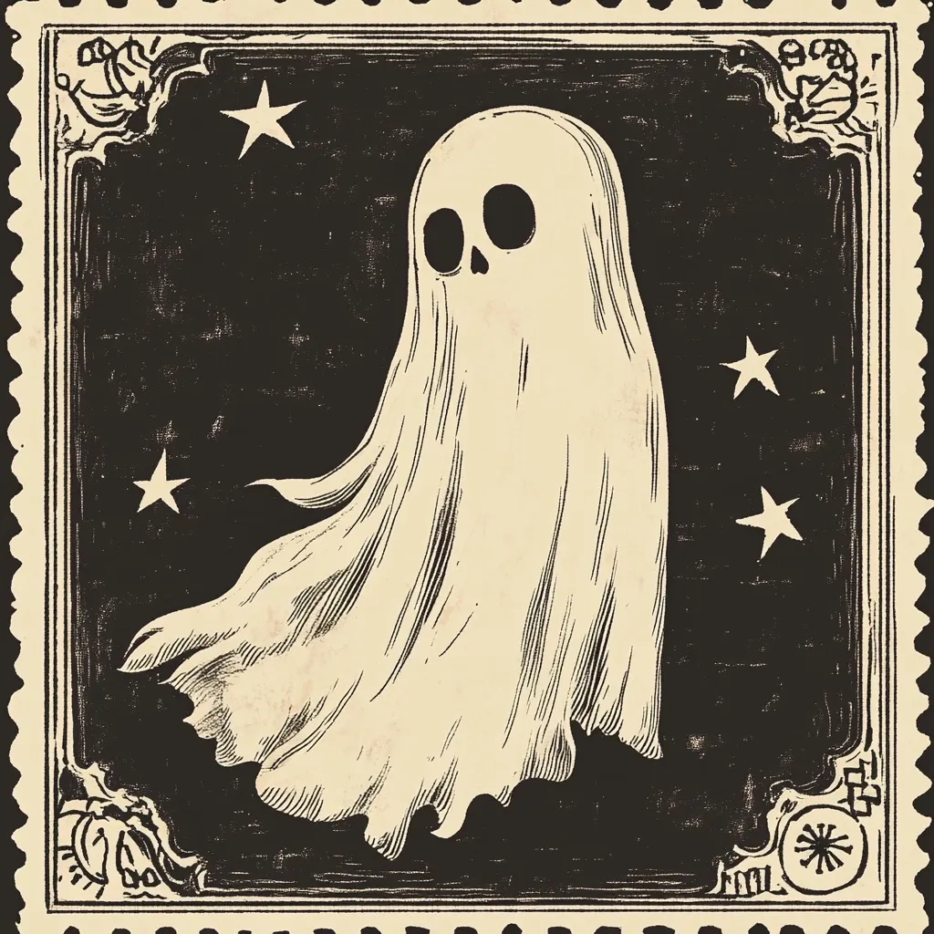 The image is a vintage-style illustration of a ghost on a postage stamp. The ghost is depicted as a white, translucent figure with a faint outline of a skull and black eyes. It is floating against a black background with stars scattered around it. The stamp has a decorative border with ornate floral designs in the corners. It evokes a spooky and nostalgic Halloween theme.