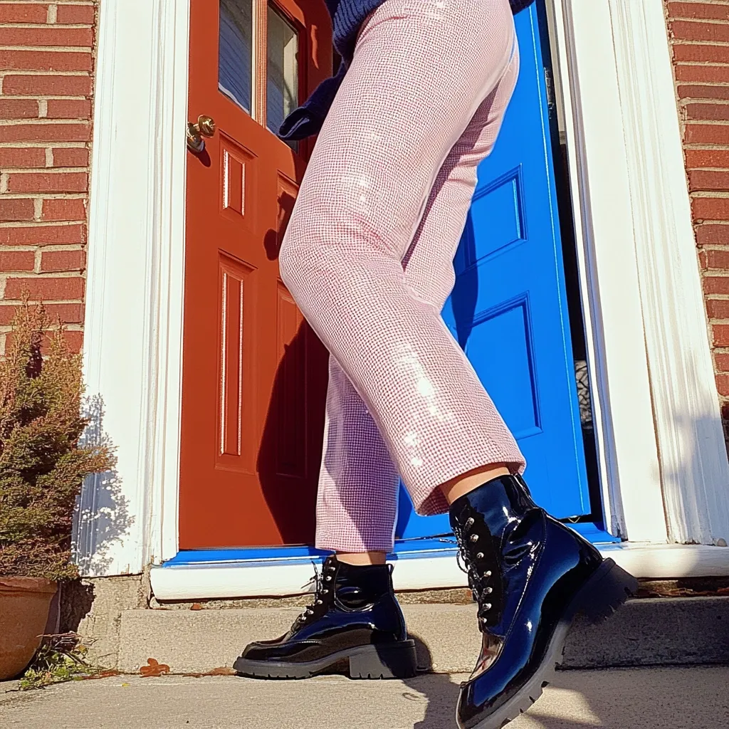 A person wearing pink sequined pants and black leather boots stands in front of a red and blue door. The person's left leg is bent, and their right leg is extended, so they are partially facing the camera. The photo is taken from a low angle, and the steps leading up to the door are visible. The scene is bright and sunny.