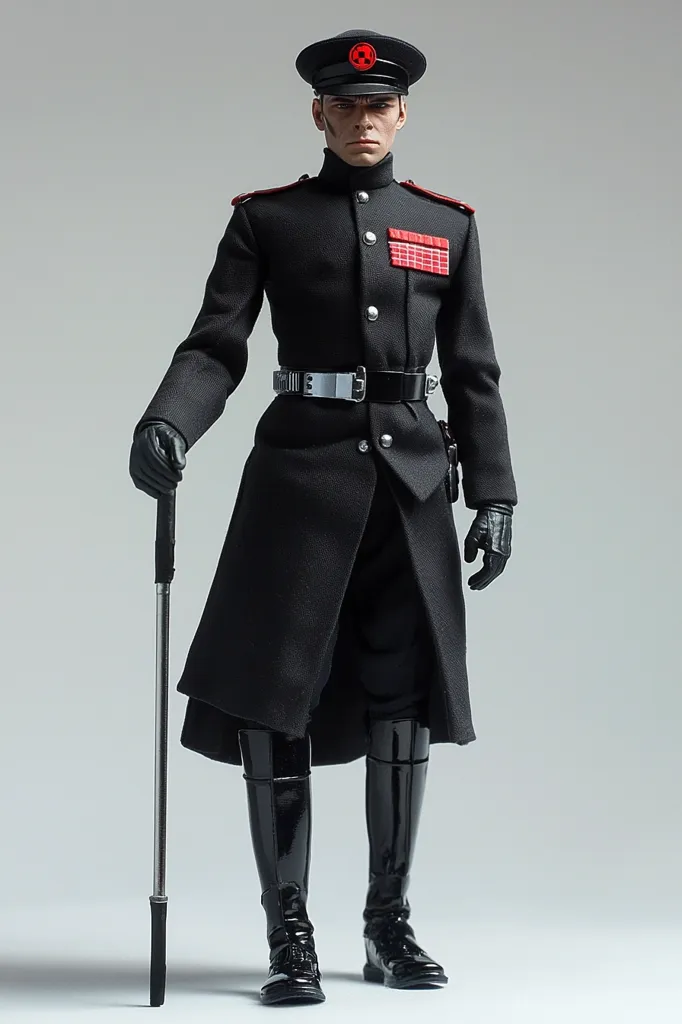The image depicts a man in a black military uniform, complete with a black cap adorned with a red symbol. He wears black gloves and tall black boots, and holds a silver-tipped walking stick in his right hand. The man's expression is stern, and he stands against a plain gray background, giving an air of authority and formality.