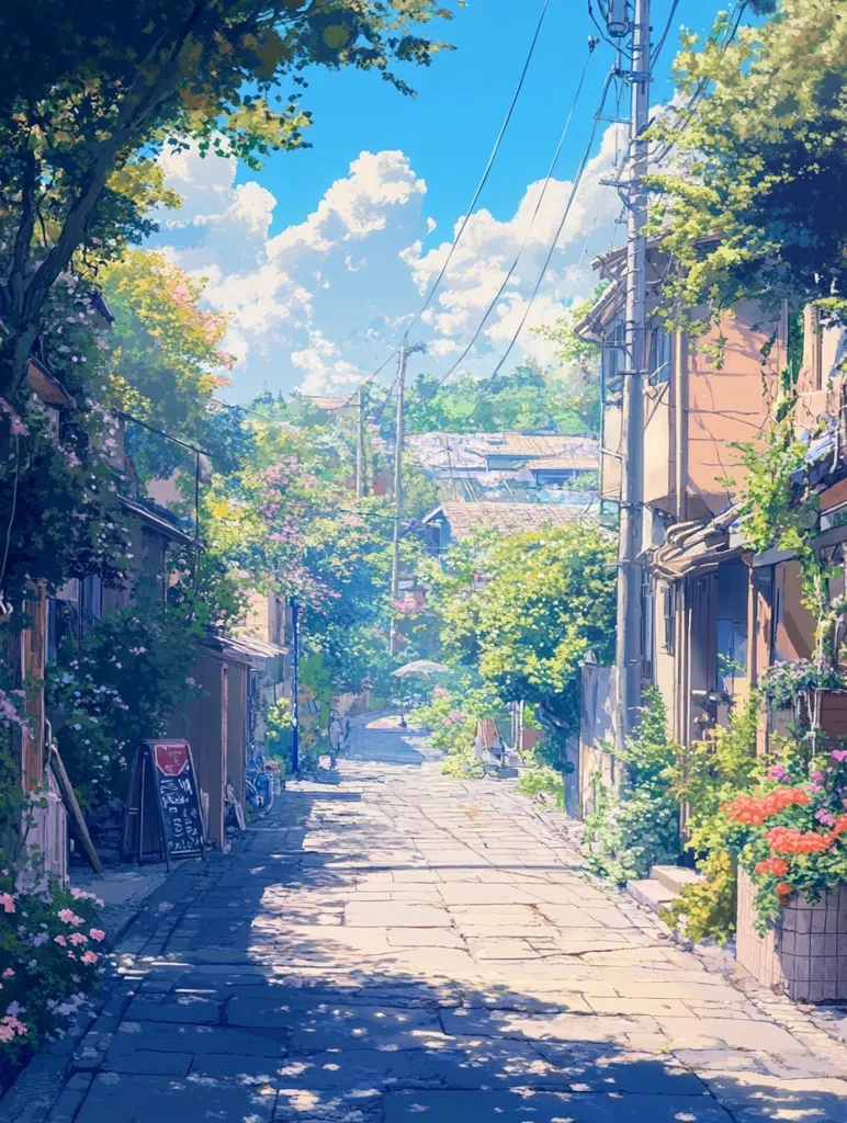 A narrow, cobblestone street winds its way through a lush, green neighborhood. The buildings are modest and painted in warm tones, with vibrant flower boxes adding pops of color. The sky is a clear blue, with fluffy white clouds drifting by.  The scene is bathed in warm sunlight, casting long shadows across the street.  It’s a peaceful and tranquil setting, perfect for a leisurely stroll.