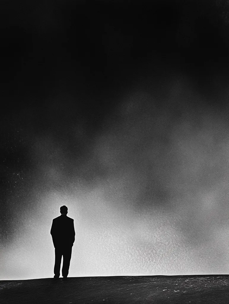The image is a black and white photograph of a man standing alone on a horizon. The sky is dark and cloudy, and the man is silhouetted against the light, giving the image a sense of loneliness and isolation. The man appears to be wearing a suit, which adds a formal and somber tone to the image.  The grainy texture of the image further enhances the feeling of solitude.